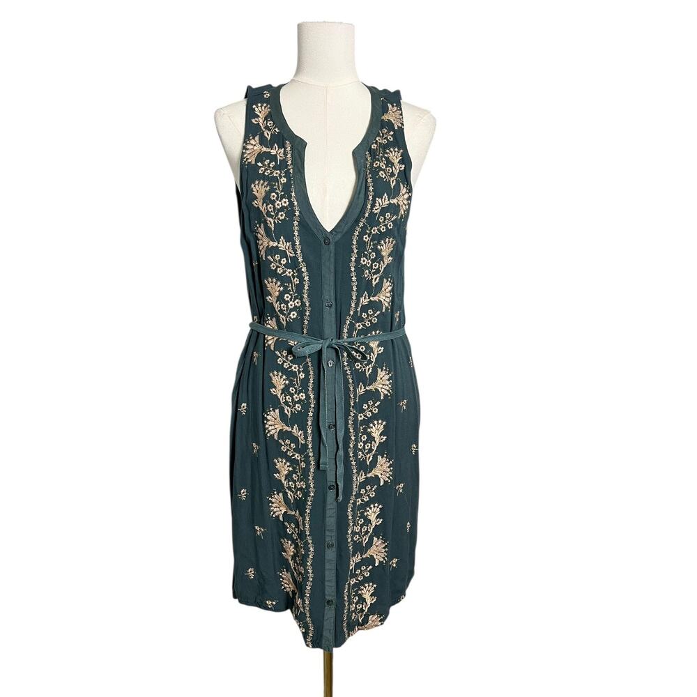 Tiny Anthropologie Embroidered Dress Large Boho Plunge Neck Festival Knee Length